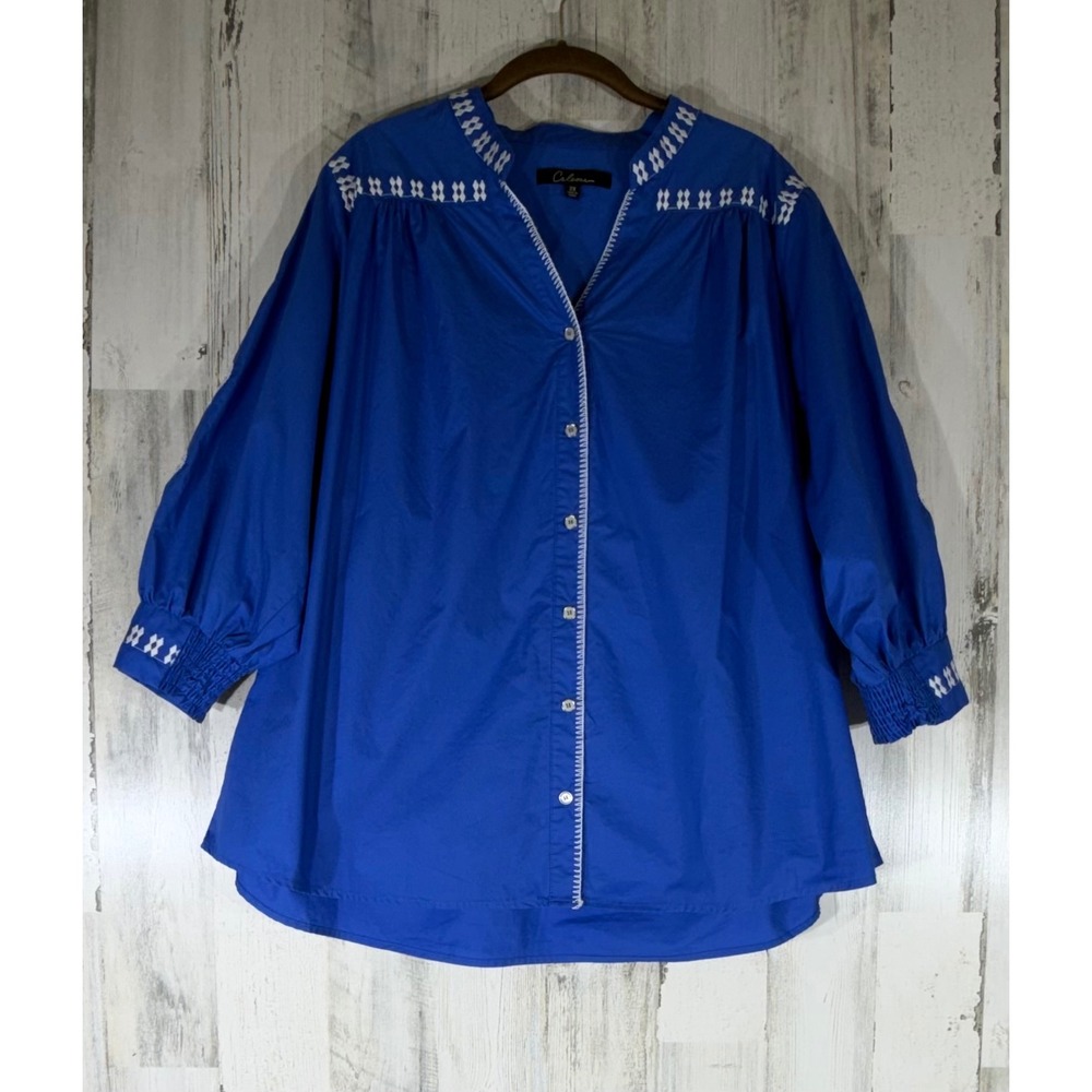 Calessa Blouse 2X Royal Blue Embroidered Poplin Cotton Balloon Sleeve Boho Top